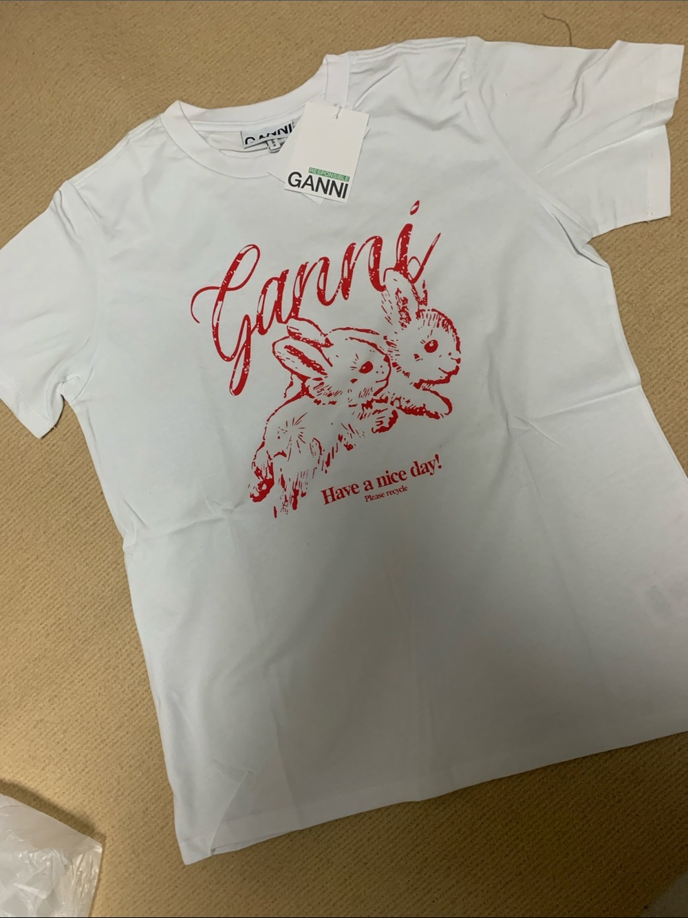 Ganni White Tee with Red Bunny Graphic - Kids